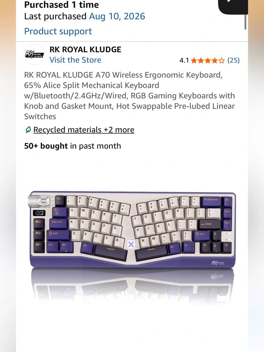 RK ROYAL KLUDGE A70 Purple & White Wireless Ergonomic Mechanical Keyboard